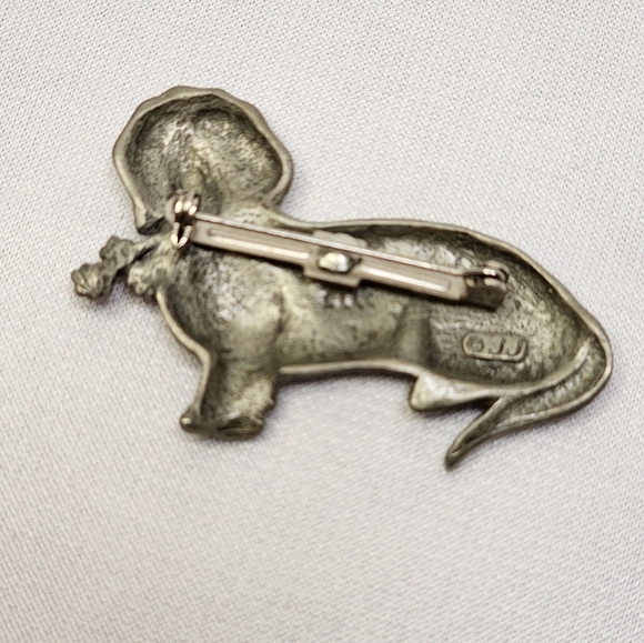 JJ Jonette Pewter Dachshund Holding Flowers Brooch Pin - Picture 7 of 9